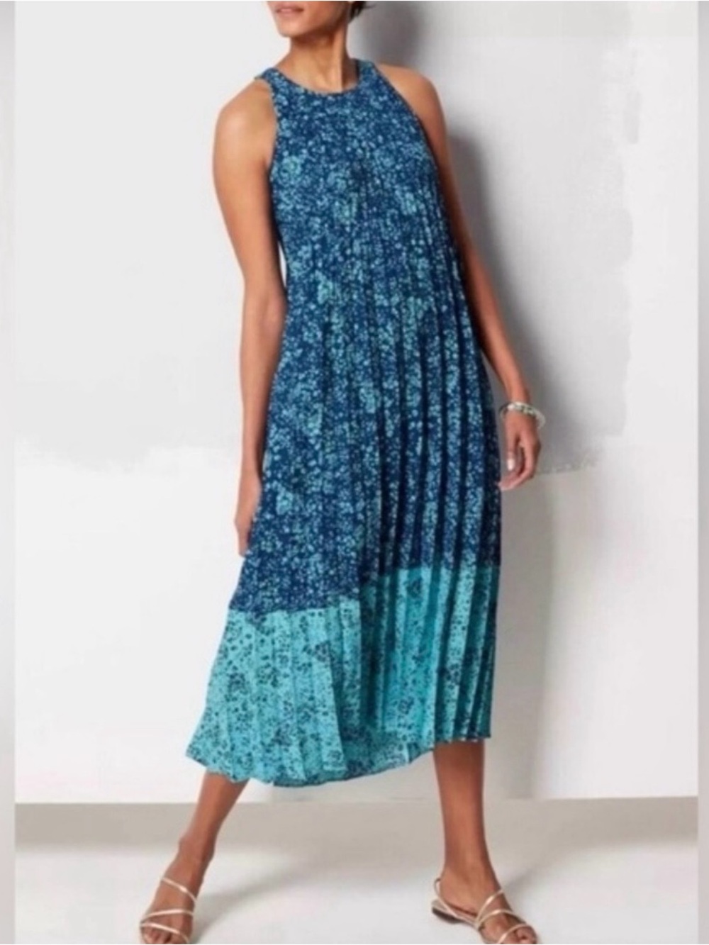 J. Jill Wearever Collection Blue Floral Pleated MIDI Dress Medium Petite EUC